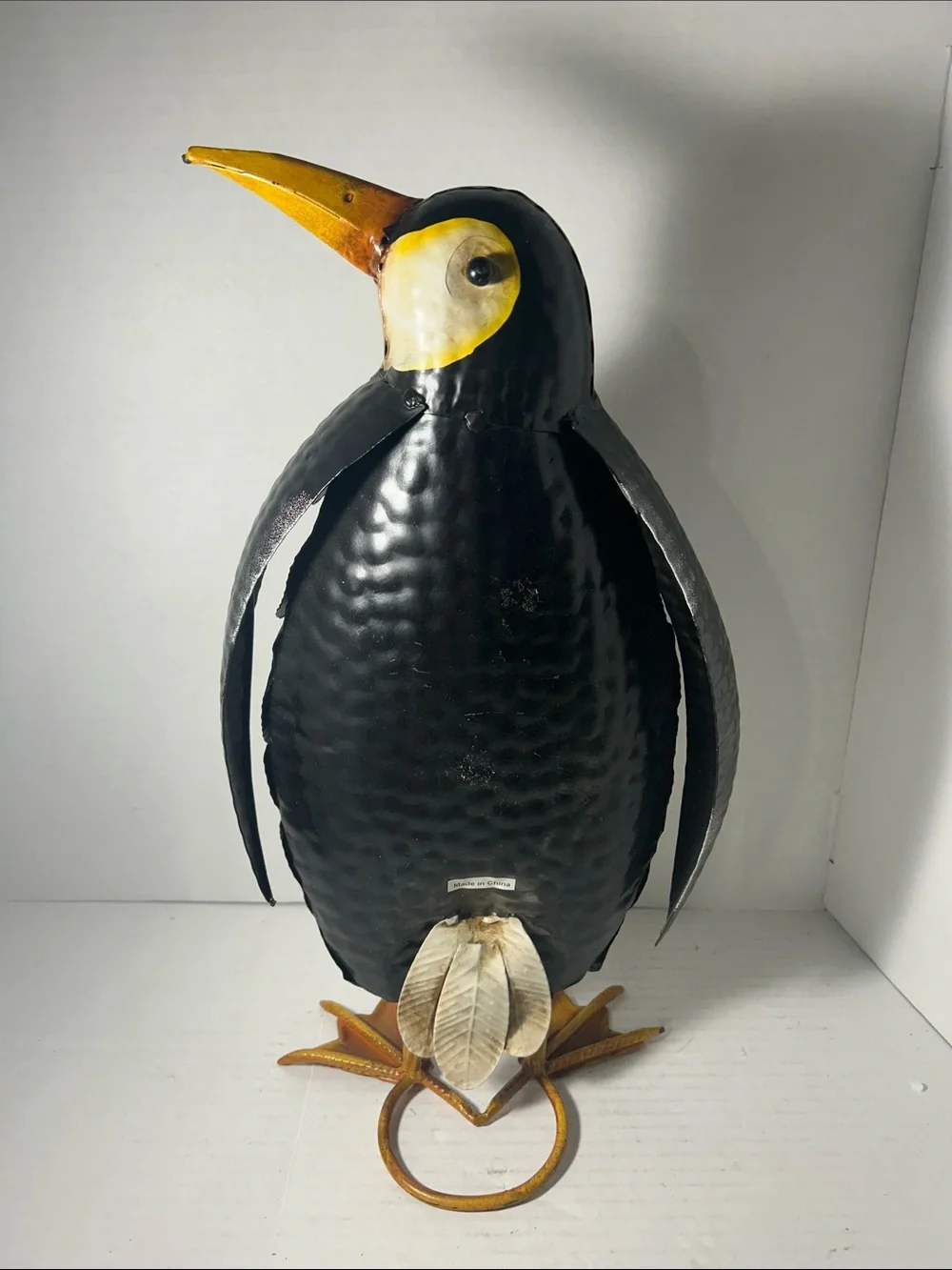 Decorative Black and Cream Penguin Bird Figurine - Metal Feather Design 18 in H